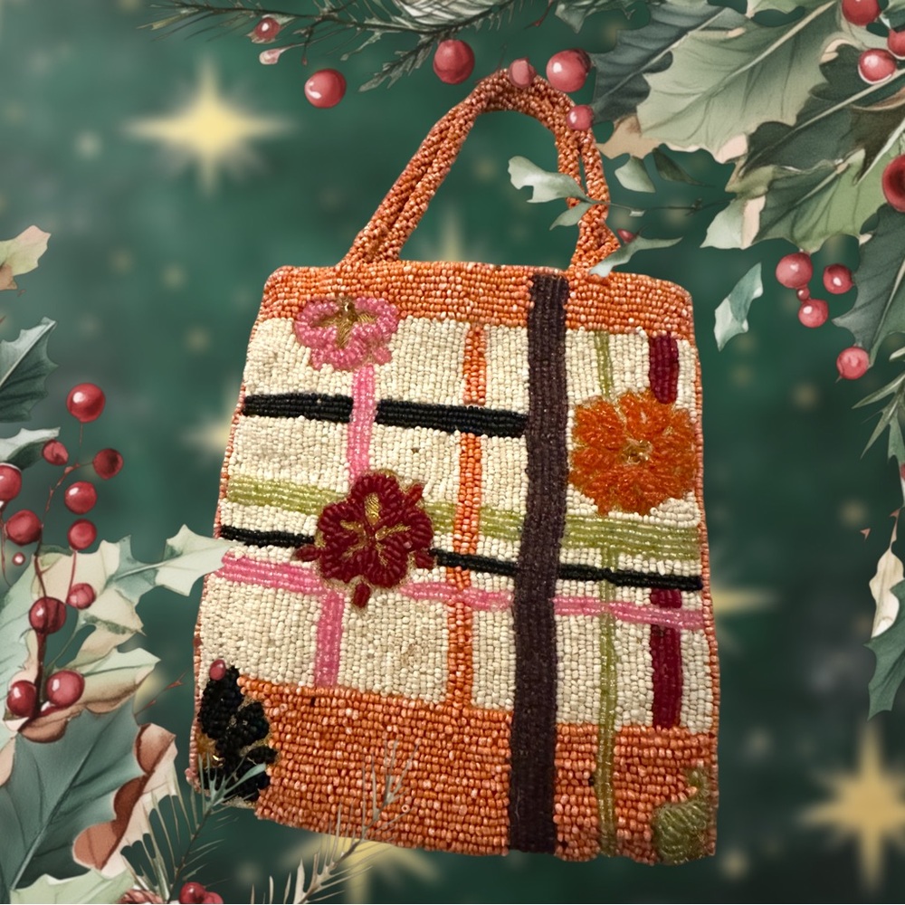 Beaded‎ boho bag with plaid and floral pattern - Picture 2 of 2